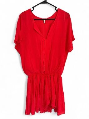 Joie Bryton Red Pleated Blouson V-Neck Mini Dress Feminine Medium
